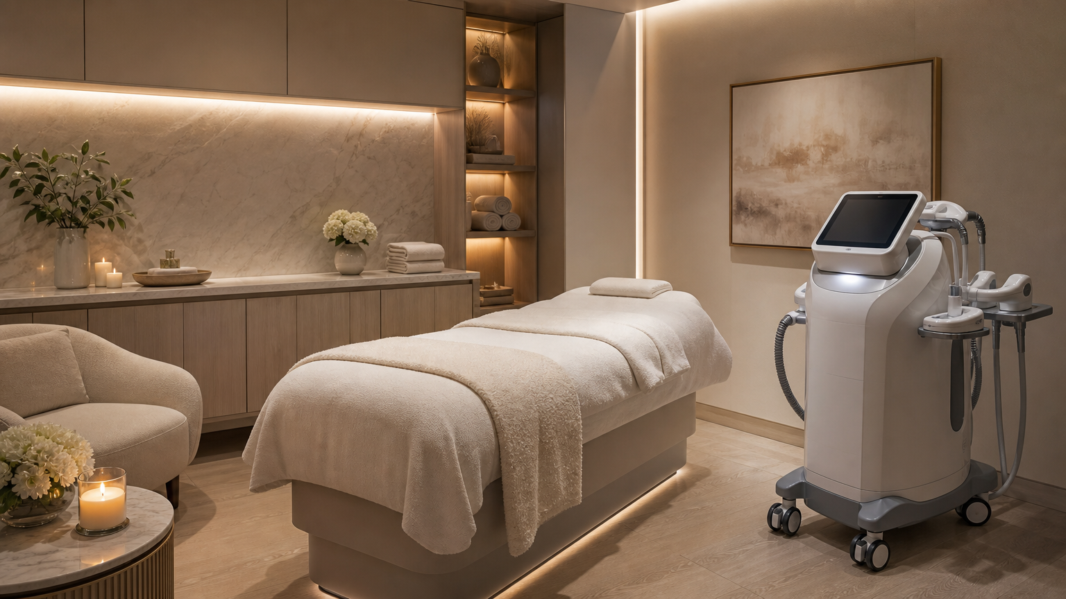 Serene medspa treatment room featuring a modern body contouring machine and comfortable bed in a peaceful wellness setting